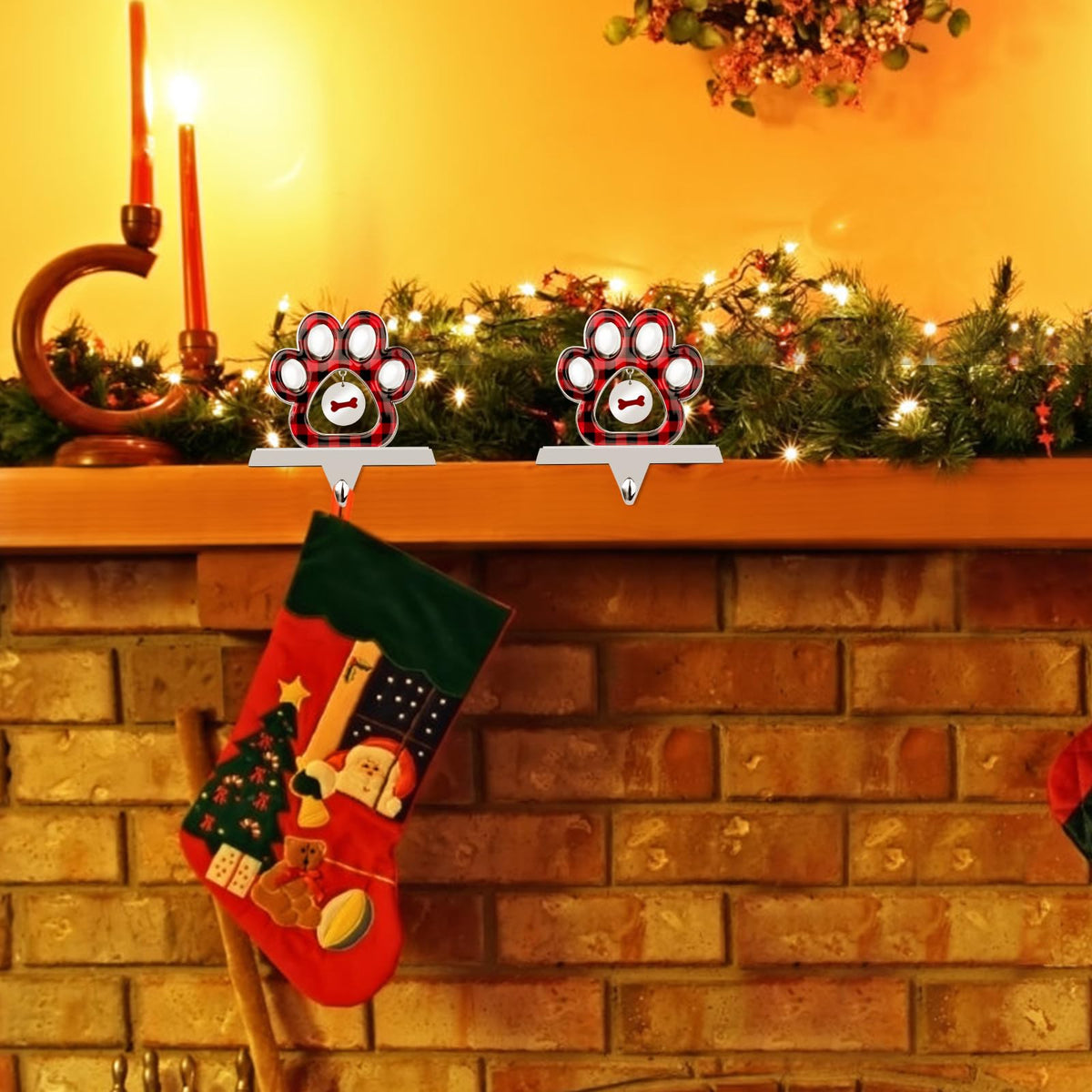 Hxezoc 2 Pack 3D Dog Paw Christmas Stocking Holder with Small Dog Paw Pendant Silver Metal Mantel Pet Paw Stocking Hangers for Christmas Fireplace Mantel Decorations Christmas Holiday Supplies