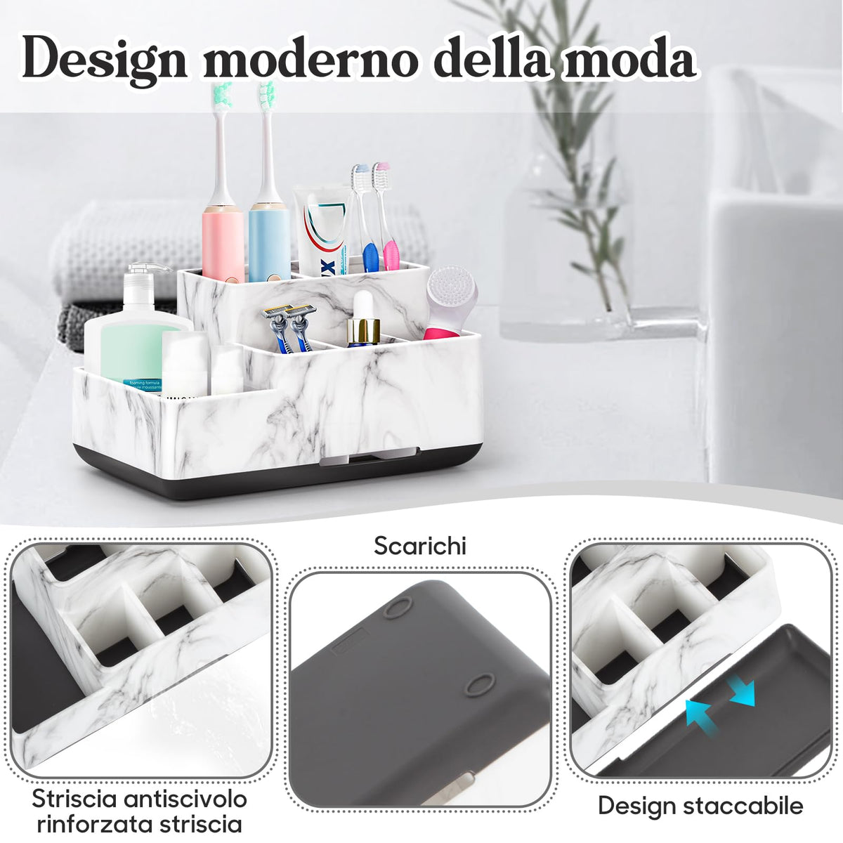 Detachable Toothbrush and Toothpaste Holder for Bathroom Countertop, Large Bathroom Organizer Storage Anti-Slip for Shower, Kitchen, Kids, Family, Multifunction Toothbrush Holders Marble Silver