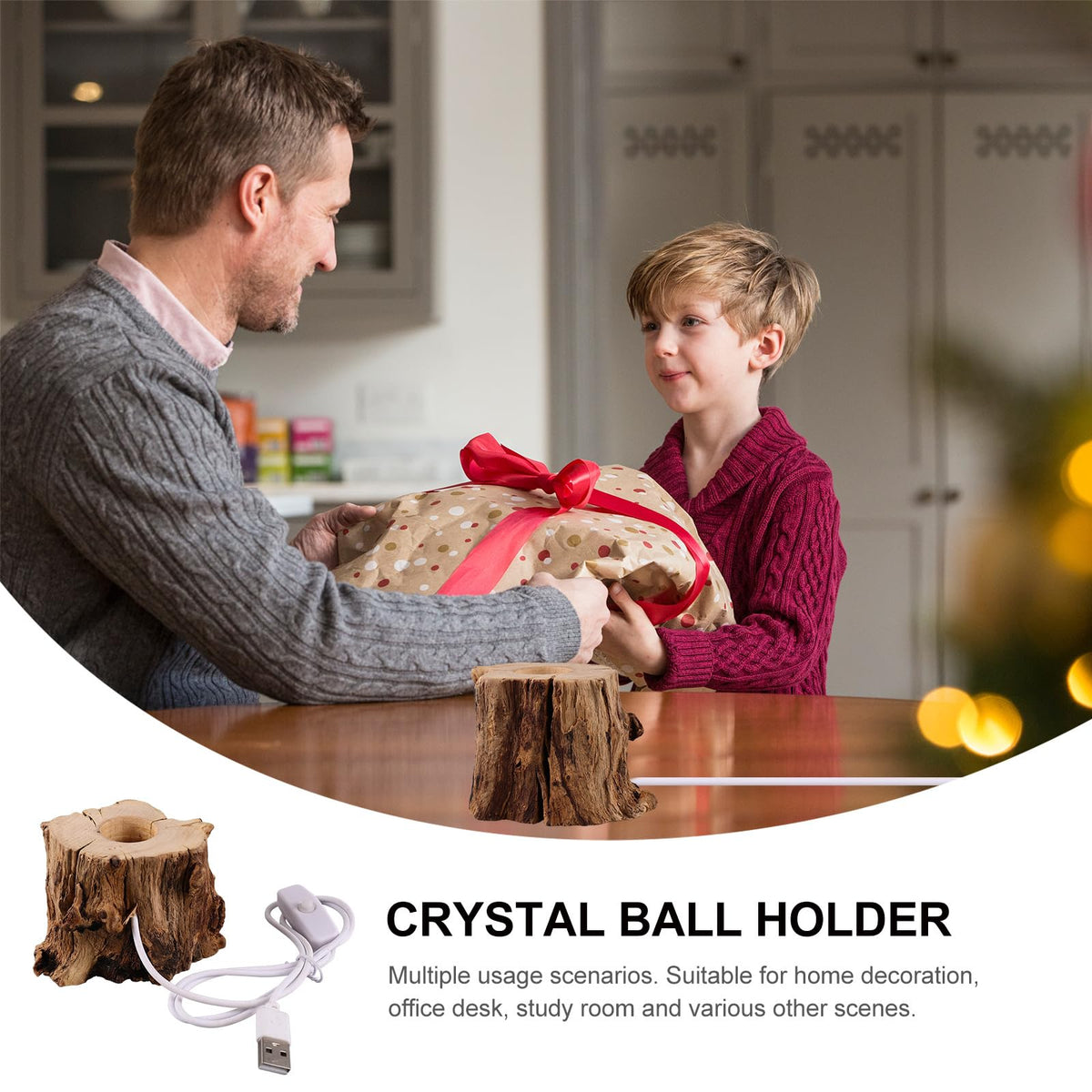 VOSAREA Crystal Ball Wooden Base Tree Stump LED Light Desk Lights for Office Desktop Stand Table Top Display Stand Crystal Ball Holder Stands for Display Wooden Lamp Base USB Wood