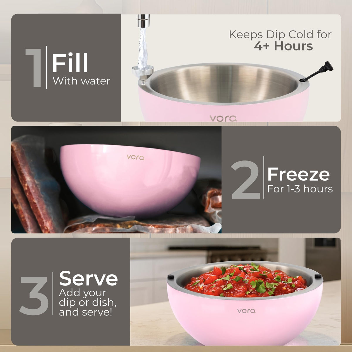 Vora 35oz Dip Chiller Bowl | 1 Pack Pink Stainless Steel Chilled Serving Bowl Keep Dips, Salads, and Appetizers Perfectly Cold with Leak-Resistant Ice Bowl for Effortless Hosting