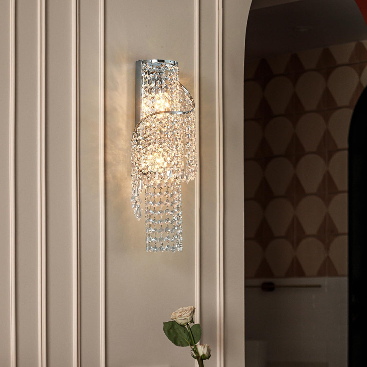 masarayti K9 Crystal Chrome Wall Sconces, Adjustable 3-Color LED Wall Light, FixtureVanity Wall Mount Lamps for Living Room Bedroom Bathroom Bedside Hallway Stairway