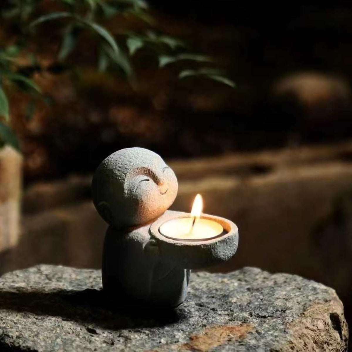 ZKSYLSM Sandstone Buddha Statue Candle & Incense Cone Holder, Small Jizo Figurine for Home Decor, Tiny Buddha Zen Monk Tealight Holder for Desk, Shelf or Nightstand, 3.5" H Mini Stone Decor Gift