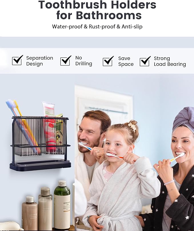 KONE Black Toothbrush Holders for Bathrooms, 2 Cups Toothbrush Holders Wall