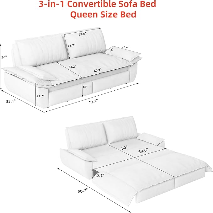 KEIKI 73.2" Luxury Queen Sleeper Sofa Bed, 3-in-1 Convertible Pull Out Couch