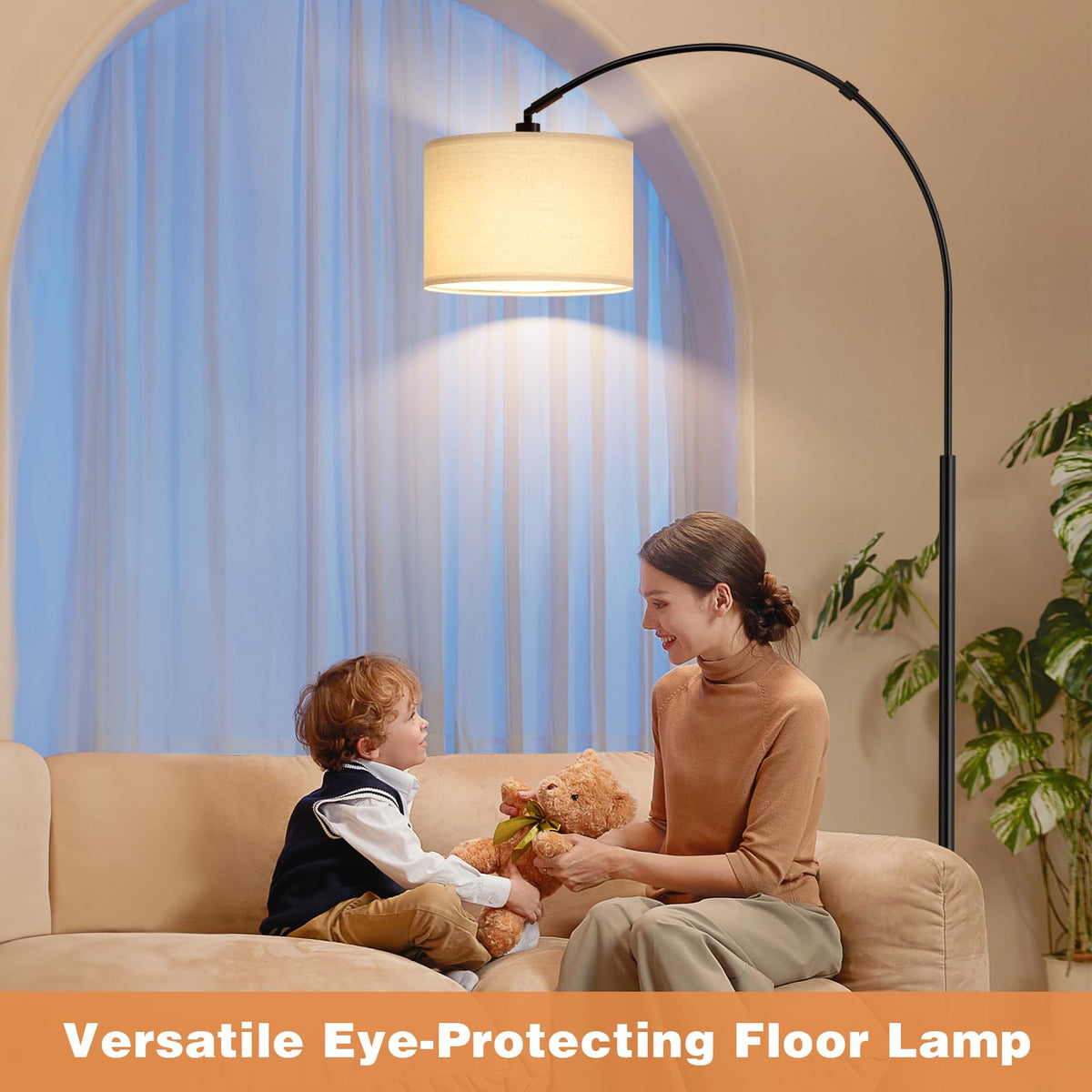 Ambimall 70 Dimmable Arc Floor Lamp with Remote, Color Temperatures and Brightness Adjustable, Arched Floor Lamp with Rotating Head, Over Couch Arched Light for Living Room (Deep Beige and Black)