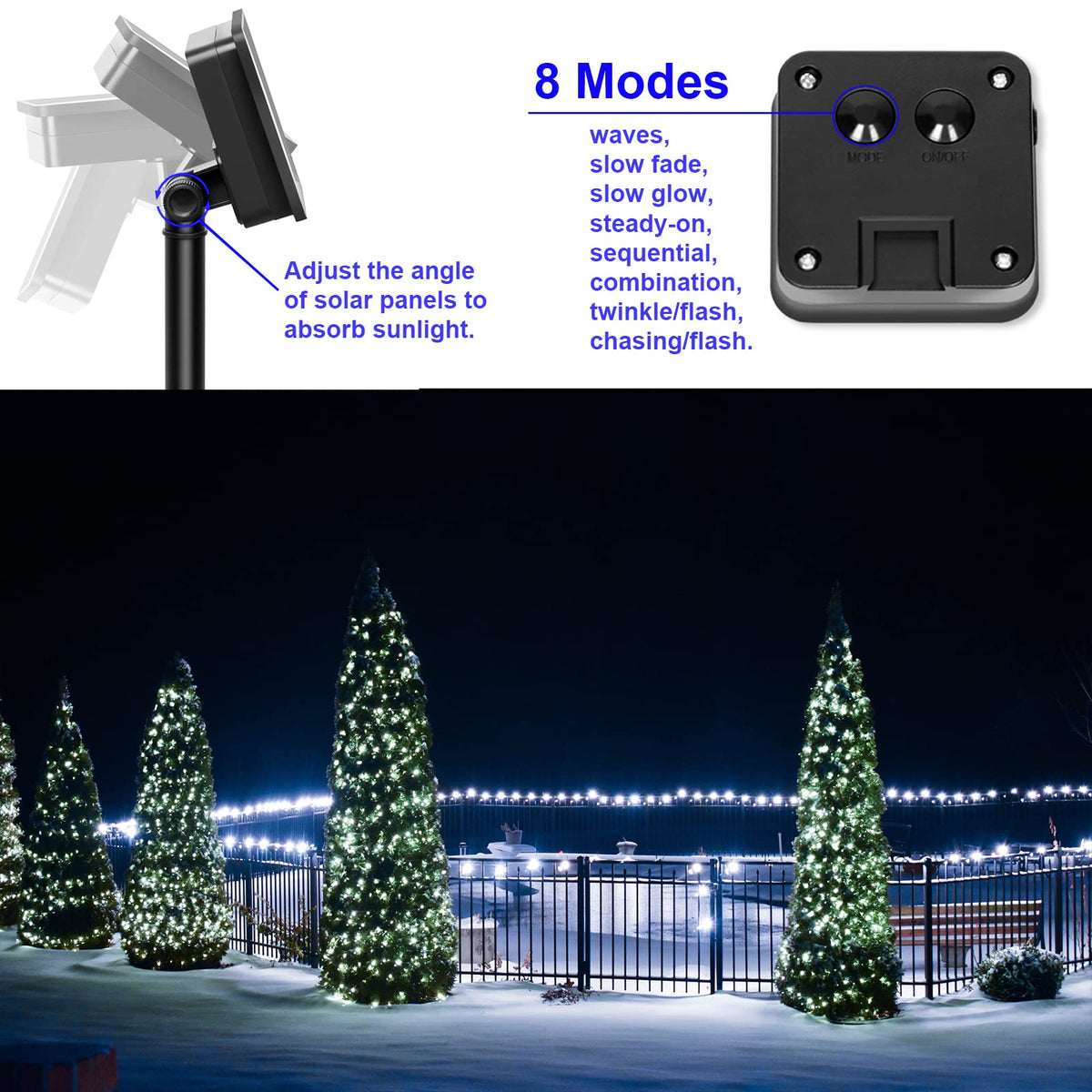 YAOZHOU Solar Fairy String Lights for Outside, Outdoor Waterproof, Cool White 2Pack Total 200LED 66Ft 8 Modes Mini Mini Small Solar Powered Lights for Christmas, Garden, Patio, Fence, Balcony