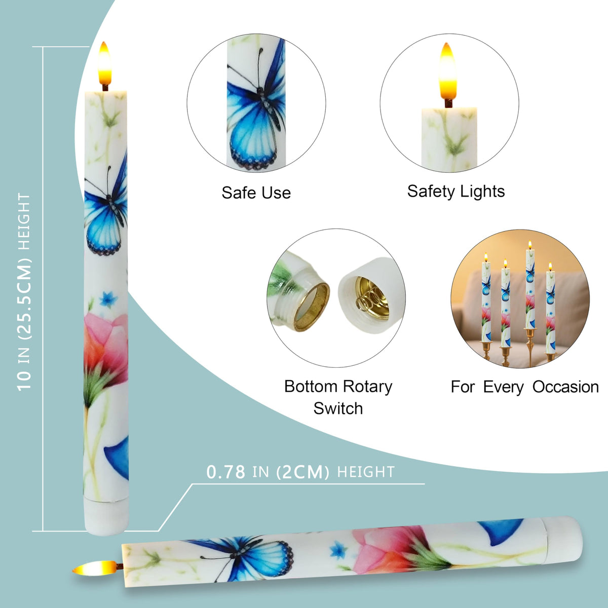 SEUCRWAX 10 Inch Flameless Taper Candles,LED Candlesticks Battery Operated with 10-Key Remote and Timer,4p Flame Lights for Wedding Decoration Party(Butterfly)