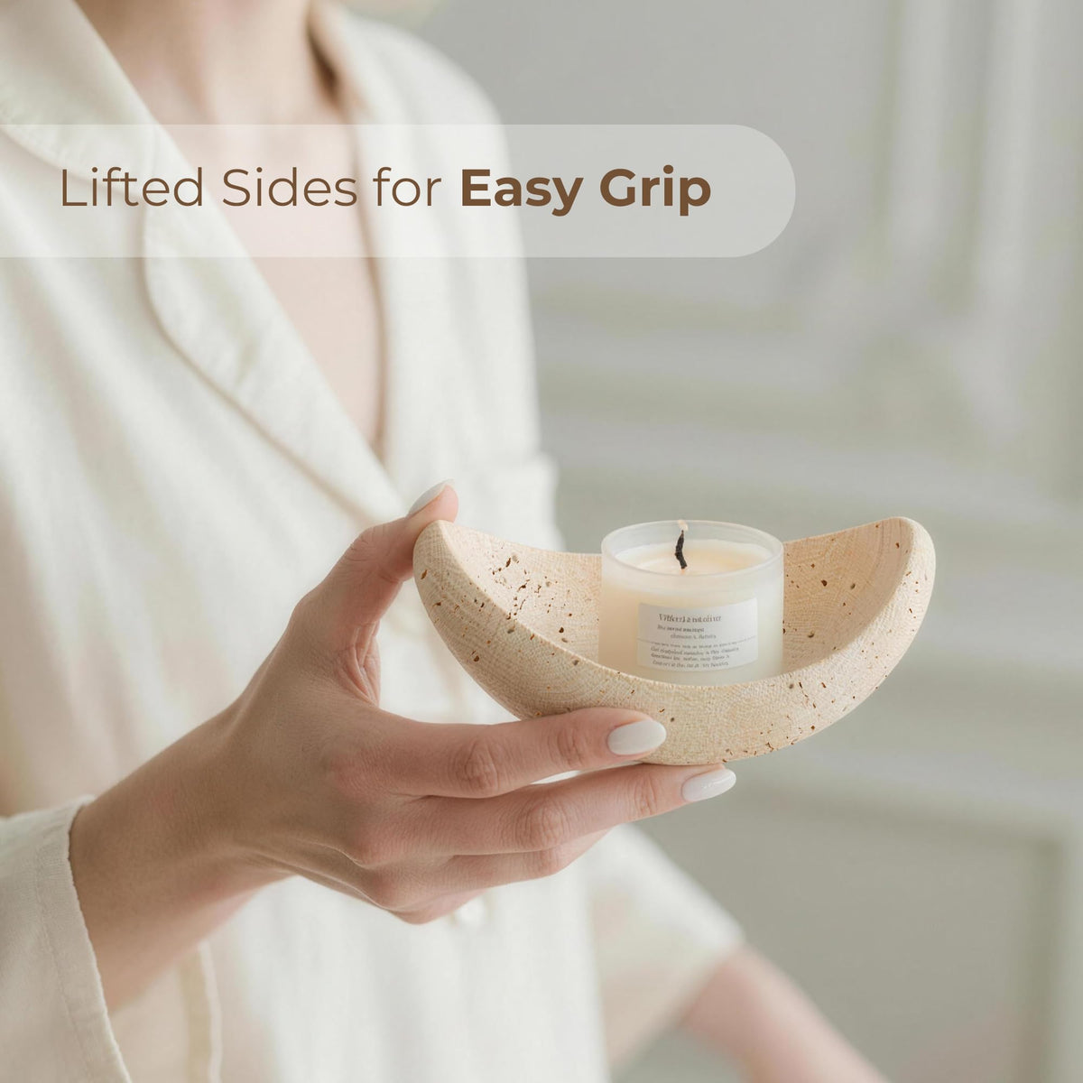 WORHE Candle Holders Italy Premium Natural Travertine Stone Candlestick Holder for Jar Pillar Candles Boat-Shaped Marble Jewelry Tray Centerpiece for Wedding Dining Table Home Decor Beige (WH093)
