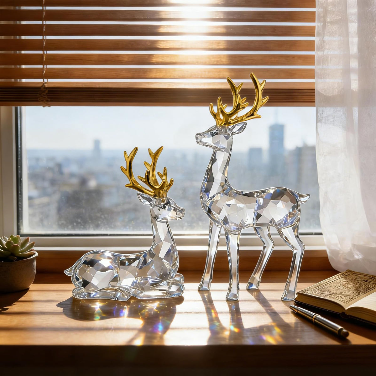 EverZenHub Christmas Reindeer Figurines, Set of 2 Resin Deer Statues - Handcrafted Holiday Tabletop Decor for Mantel, Shelf, Cabinet | Elk Sculpture Home Décor Gift