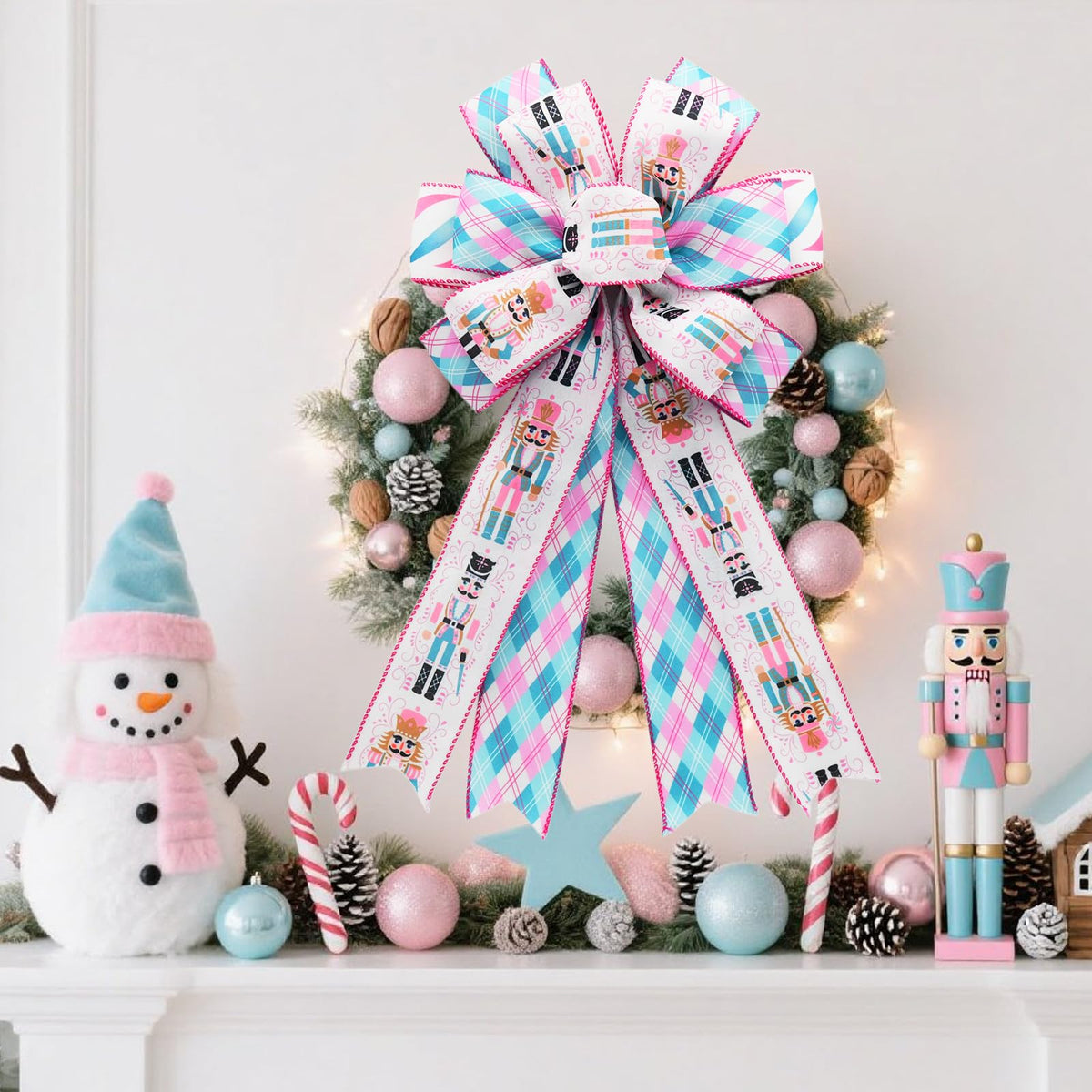 CRAFLOX Pastel Christmas Nutcracker Wired Ribbon for Wreath Bows, 3 Rolls, 2.5″ Wide, 15 Yards Total, Pastel Pink & Blue Check Wired Edge Ribbon for Crafts Supplies, DIY Bows