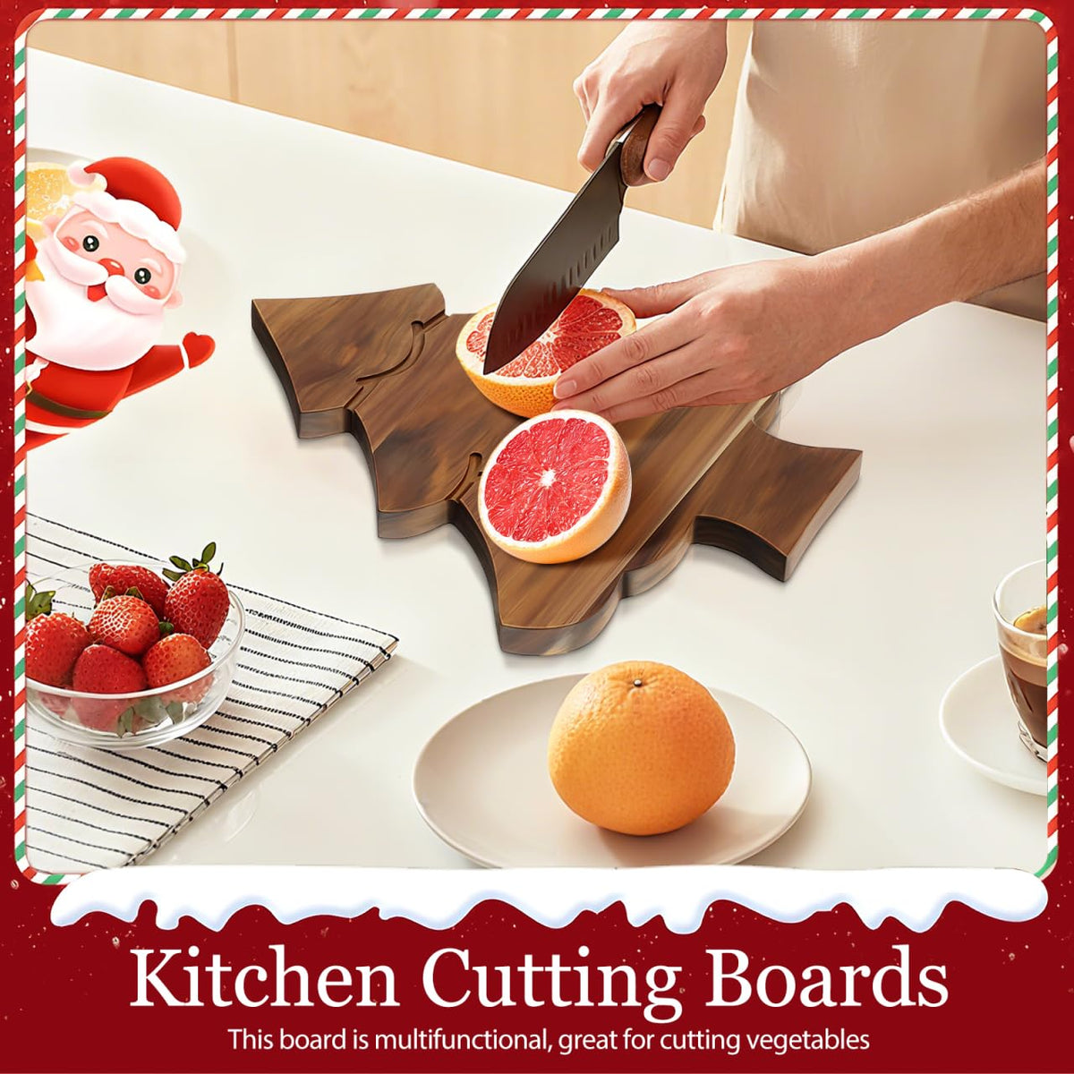 JECOMPRIS Wooden Christmas Tree Shaped Board: 11x9.8in Xmas Tree Serving Tray for Holiday - Charcuterie Board with Handle for Pizza Butcher Block Cheese Vegetables Fruit Salad