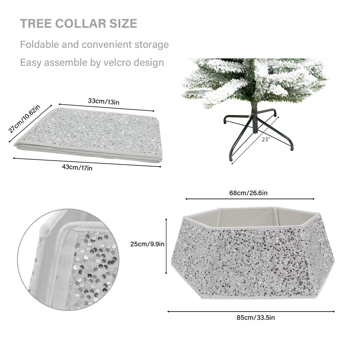 White Christmas Tree Collar with Sparkling Sequins,Christmas Tree Collars for Atificial Trees, 33.5 Inch Christmas Tree Skirt, Xmas Tree Stand Base Cover,Holiday Home Decor Tree Ring(Large)