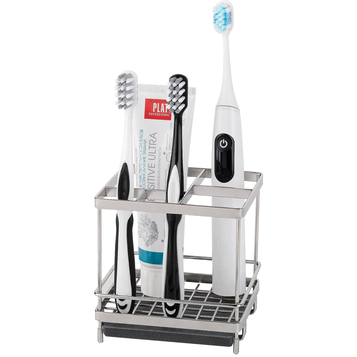 Stainless Steel Toothbrush Holders for Bathrooms, 5 Slots Kids Electric Tooth Brush and Toothpaste Organizer for Countertop, Shower, Vanity, Sliver