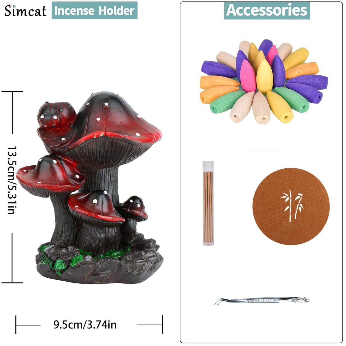 Simcat Backflow Incense Burner Holder Mushroom Handicraft Decor Resin Reverse Flow Incense Burner Censer Cone Incense Waterfall Burner + 20 Backflow Incense Cones 30 Incense Sticks 1 Tweezer 1 Mat