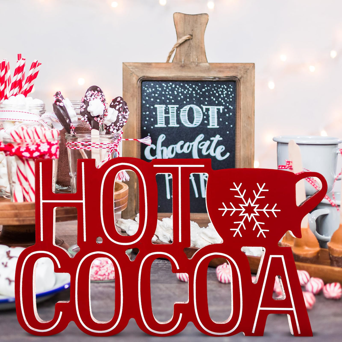 Roowest Christmas Hot Cocoa Bar Sign, Hot Cocoa with Mug Words Wood Tabletop Decoration Coffee Bar Wooden Block Sign for Table Shelf Home Kitchen Coffee Shop