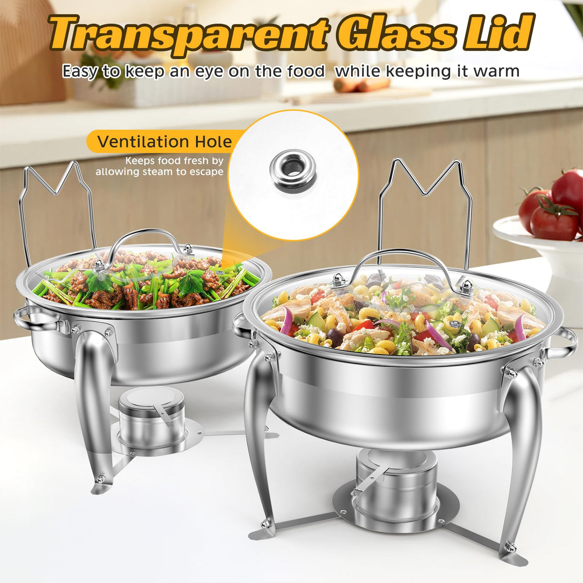 BriSunshine 6 QT Chafing Dish Buffet Set with Serving Spoons, 2 Packs Stainless Steel Round Chafing Dishes with Glass Lid & Lid Holder, Food Warmers for Parties Buffet Weddings Catering Events
