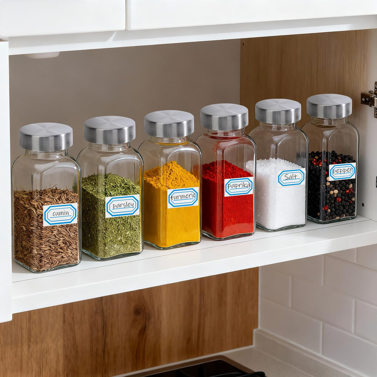 Segarty 6oz Spices Bottle with Stainless Steel Shaker Lids, 3 PCS 180ml Square Spice Containers, Empty Seasoning Organizer for Salt Pepper Sugar Herb Storage, Large Glass Jars with 7 Stickers, 1 Brush