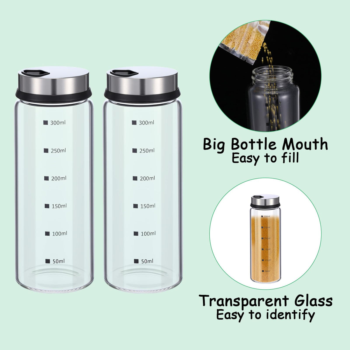 2 Pcs Large Salt & Pepper Shakers, Glass Salt & Pepper Shakers with Adjustable Pour Holes, Salt & Pepper Dispensers with Stainless Steel Removable Lids, Salt Spice Shakers for Kitchen Restaurant