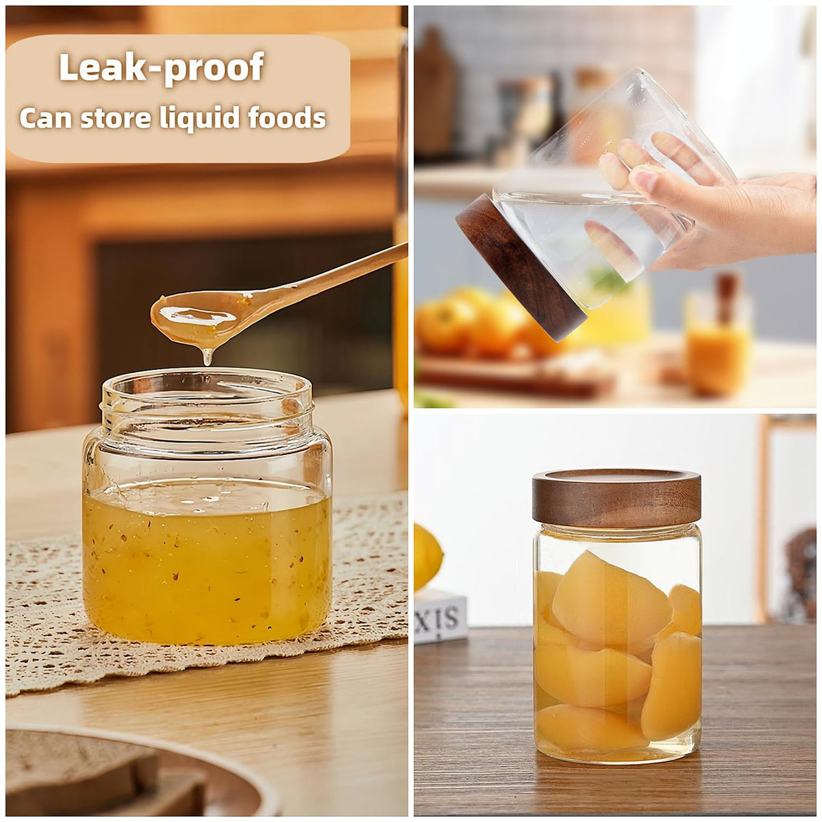 17 Fl oz/500 ml Glass Food Storage Jar, Premium Clear Glass Container Jar with Airtight Screw-on Wooden Lid, Kitchen Canisters for Coffee,Tea,Pasta,Cookies, Nuts,Spice,Candy,Overnight Oatmeal（Small)