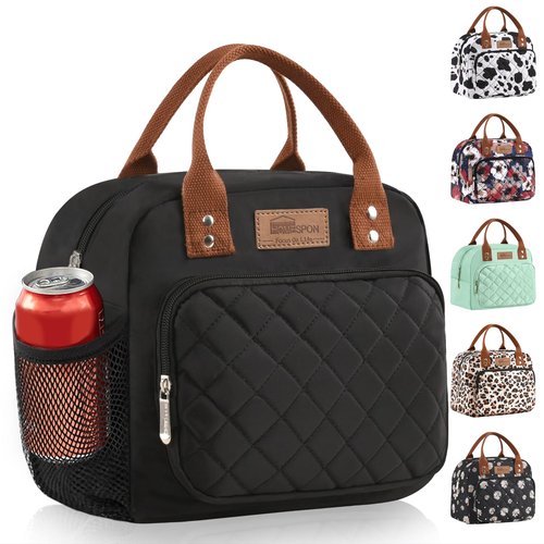 Buringer HOMESPON Lunch Bag for Woman Man Adults with Front Pocket Insulated Lunch Tote Lunch Box Container for Work Picnic or Travel (Black with Side Pockets)