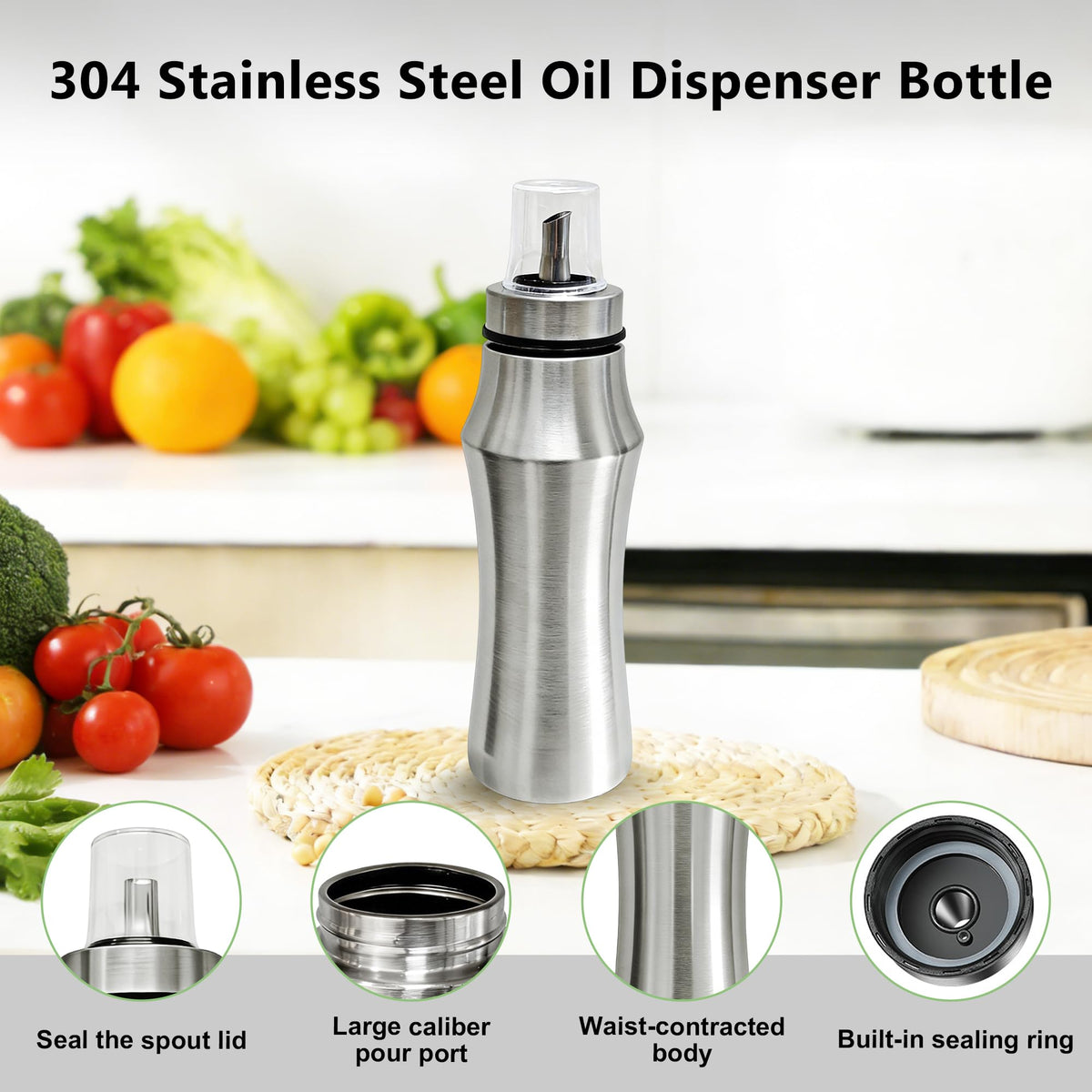 OlBuWa 304 Stainless Steel Oil Dispenser Bottle,Kitchen Oil Bottle for Cooking salad, barbecue, steak, air fryer-750ml, Silver