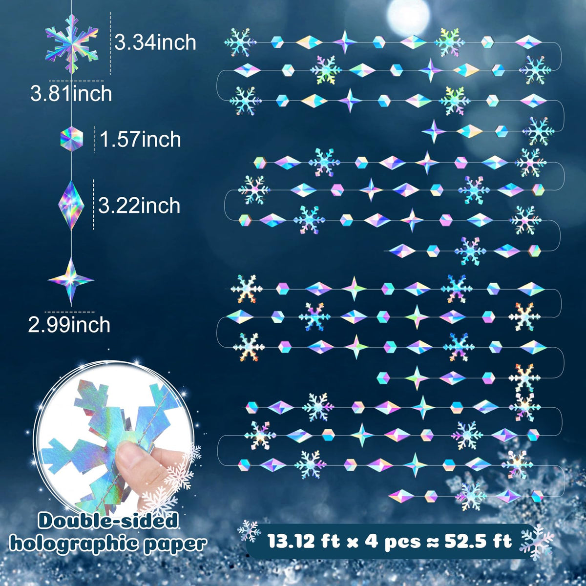 ReliThick Iridescent Snowflake Garland - Winter Decorations 46 ft Holographic Paper Snowflakes Hanging Streamer Snow Flake Banner Backdrop for Birthday Party Winter Christmas Decor