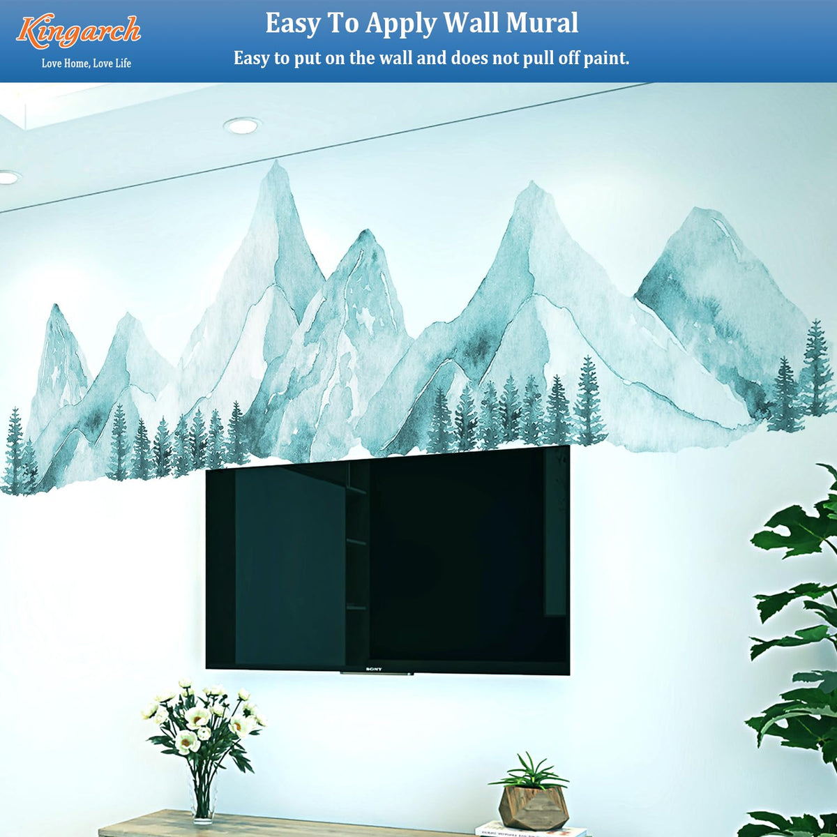 Large Mountain Wall Decals, Spa Green Pine Tree Peel and Stick Vinyl Wall Stickers & Murals, Removable Home Room Wall Decor for Bedroom Living Room Bedroom Classroom Office Nursery