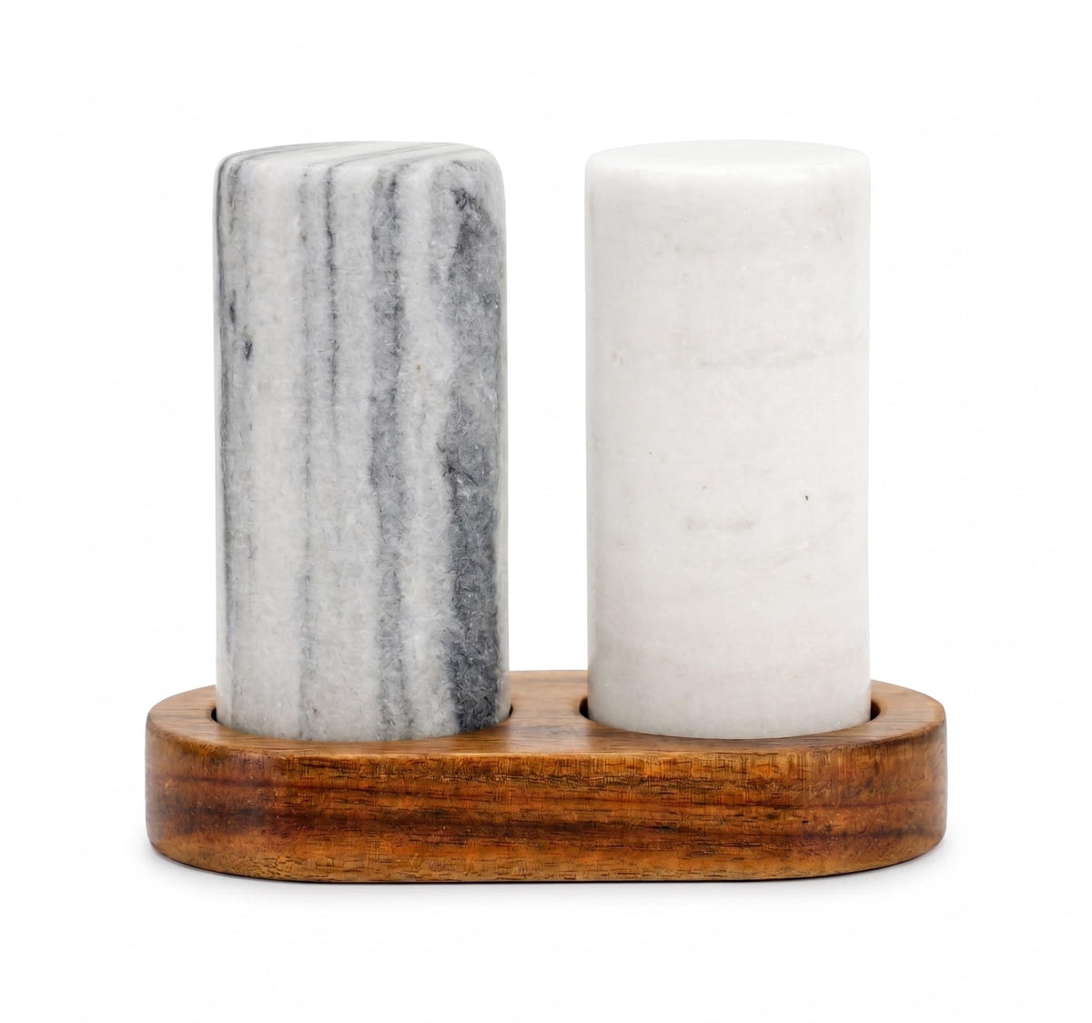 Spiretro Elegant Marble Salt and Pepper Shaker Set with Acacia Wood Holder - Real Grey and White Marble Cylindrical Shakers for Kitchen Shelf, Table or Spice Rack - 1.75” x 3.75” Each