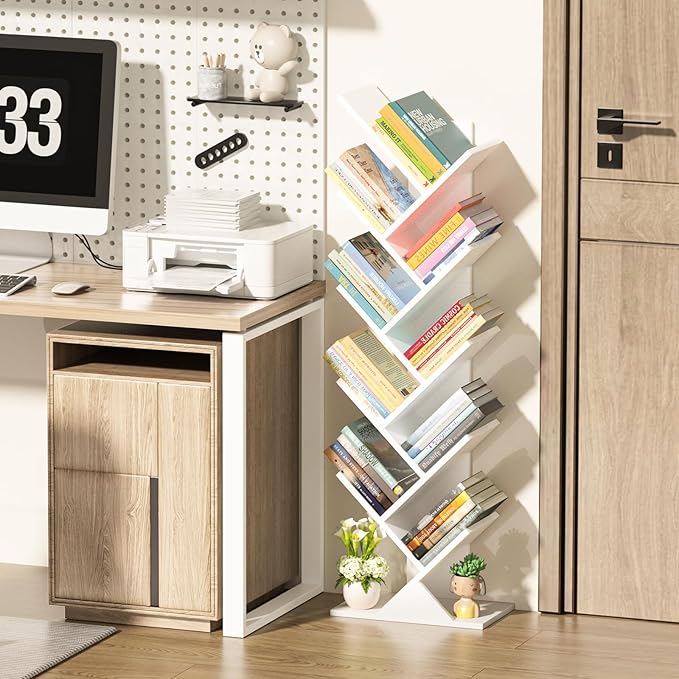 SHEEPAM 10 Tier Tree Book Shelf, Floor Standing Wood Bookshelf