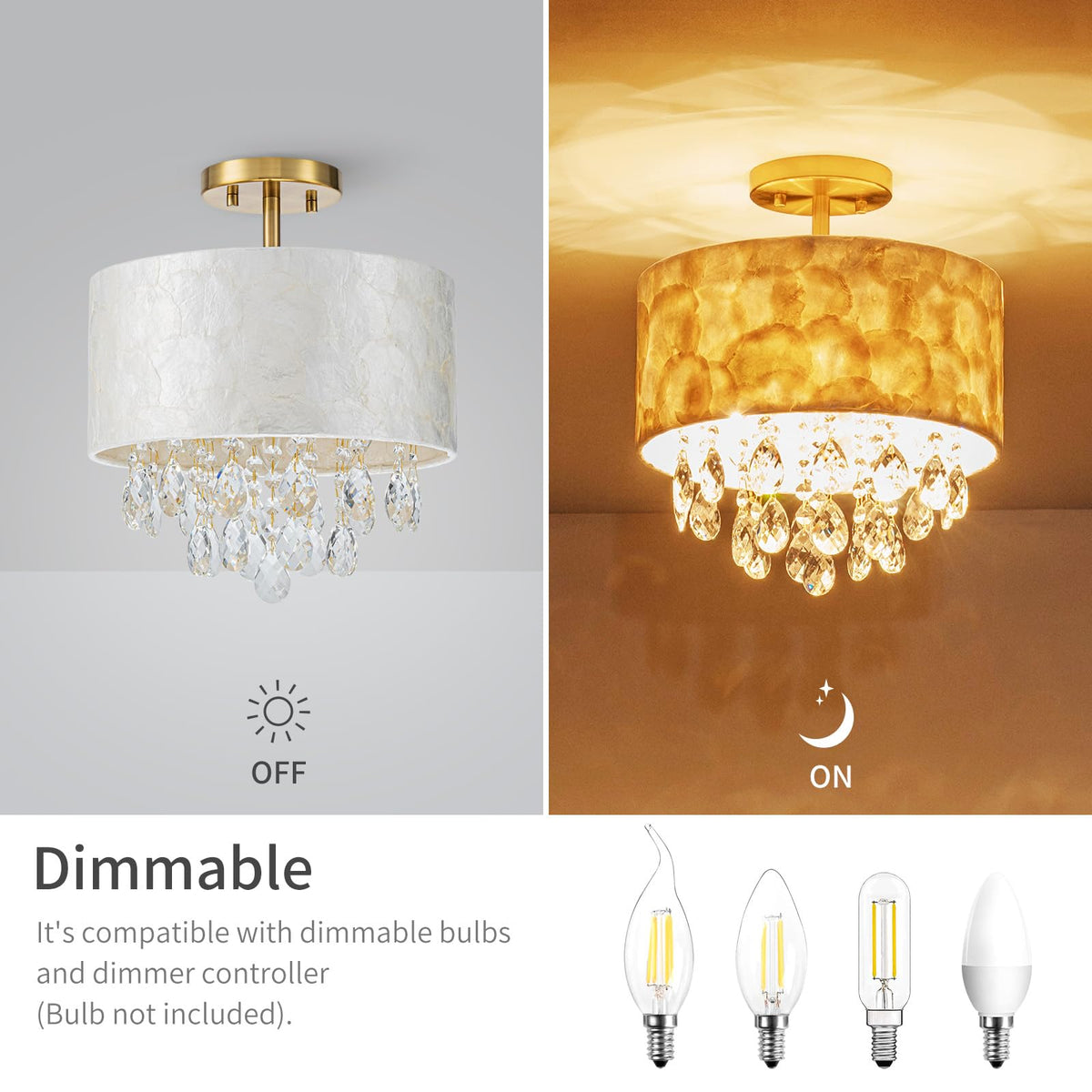 LumFurn D12in Drum Capiz Shell Crystal Ceiling Light, 3-Light Coastal Style Semi-Flushmount Light Fixture for Hallway, Entryway & Bedroom, K9 Crystal & Shell Lampshade & Gold Finish Frame
