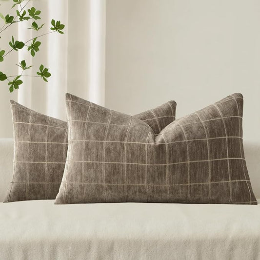 MIULEE Decorative Chenille Check Lumbar Throw Pillow Covers Vintage Plaid Couch
