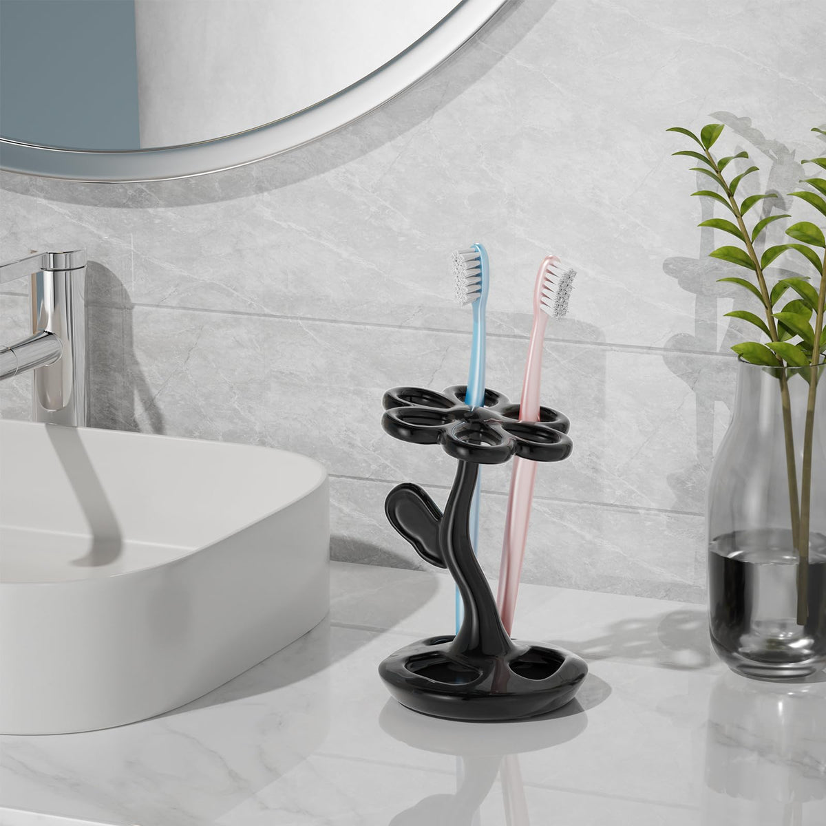 Ceramic Toothbrush Holder, Creative Flower-Shaped Toothbrush Stand for Bathroom, Multifunctional Storage for Toothbrushes & Makeup Brushes, Fits Handles < 0.47 Inches, 3 Colors (Black)