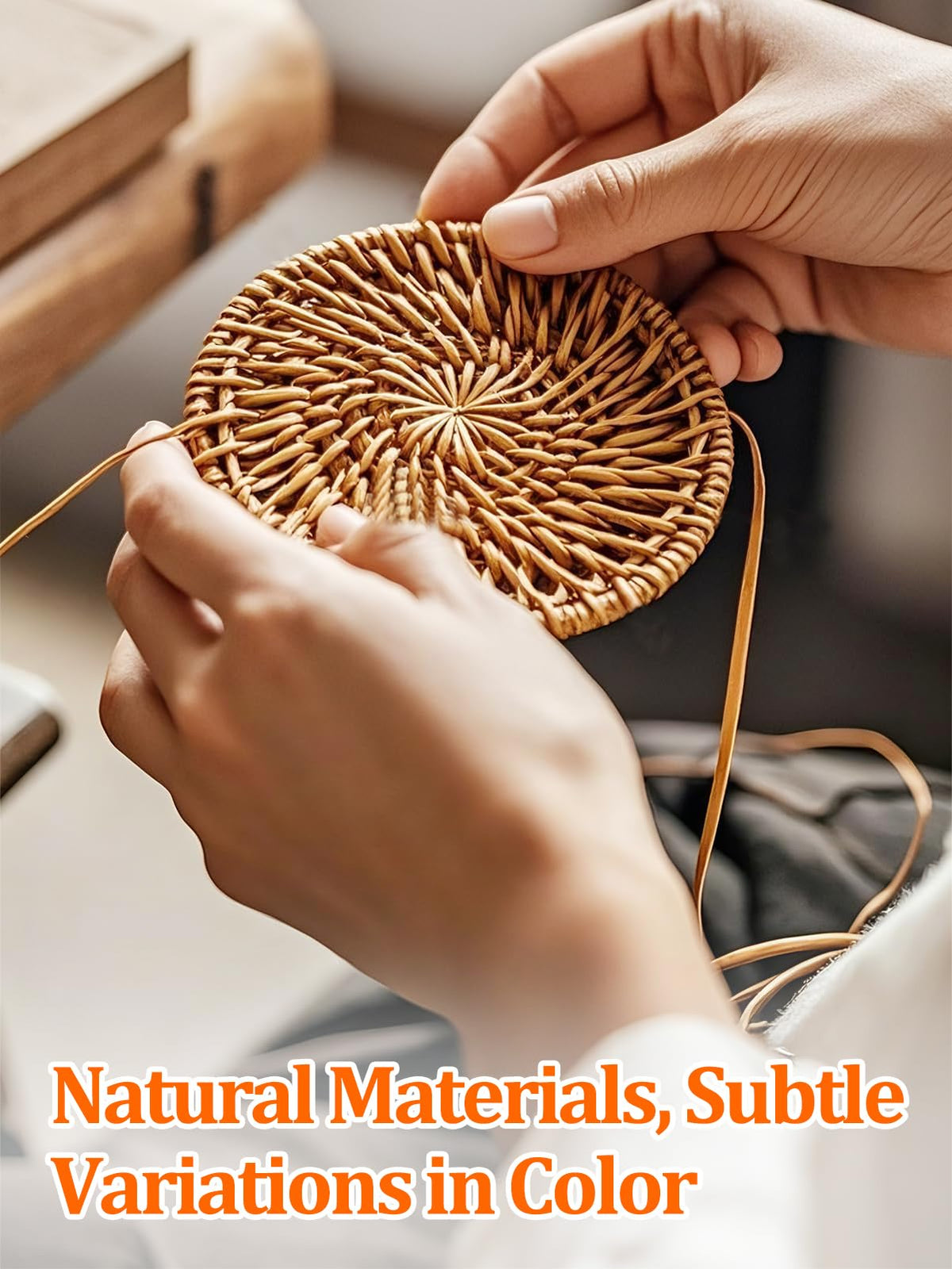 6pcs Natural Handmade Rattan Coasters with Holder - Wicker Drink Coasters Set, Housewarming Gifts Boho Summer Home Coastal Decor