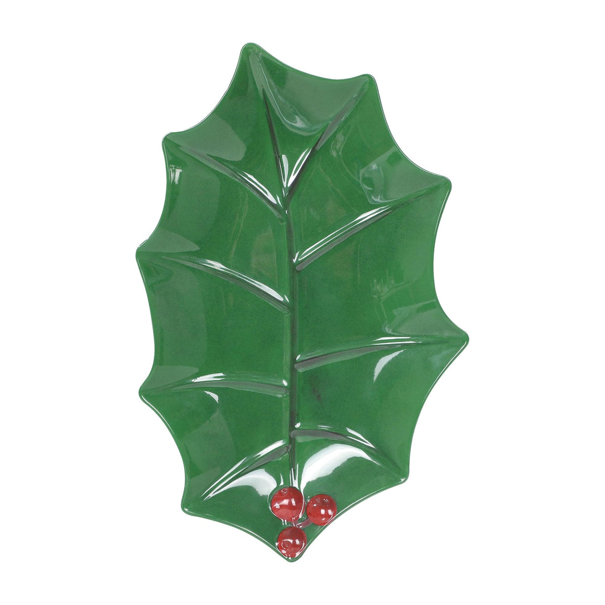 UPware Holly Leaf-Shaped Melamine Serving Platter, Green Holiday Tray with Red Berry Accent, Break-Resistant BPA-Free Christmas Dish for Cookies, Snacks, or Appetizers, 16 x 10 Inch