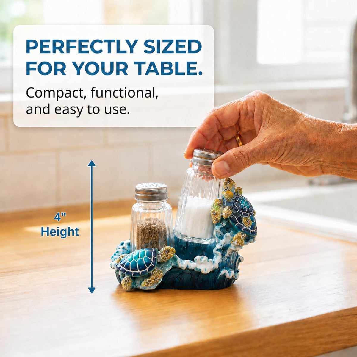 The Bridge Collection 4" Ocean Sea Turtles Salt and Pepper Shaker Holder Set - 3 Piece Set - Turtle Kitchen Items - Fun Salt and Pepper Shakers for Coastal, Nautical, or Beach House Decor