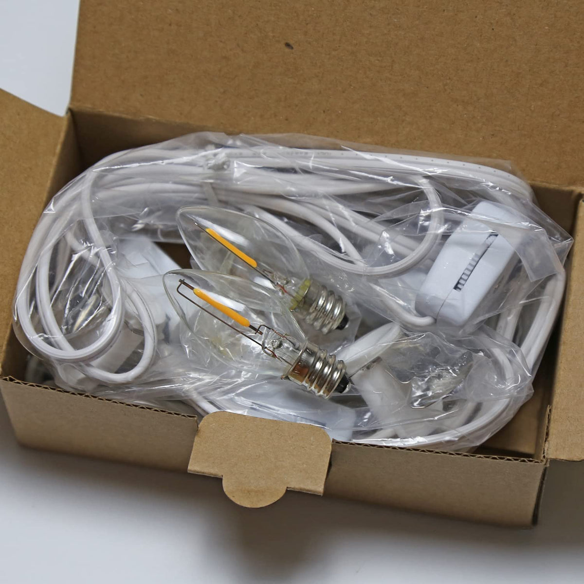 KGC C7 Accessory Cord with 2 C7 Led Light Bulb Candelabra-Base E12 Socket, White Cord with On/Off Switch Plugs for Holiday Decorations, Christmas Village House, Pumpkin Lights