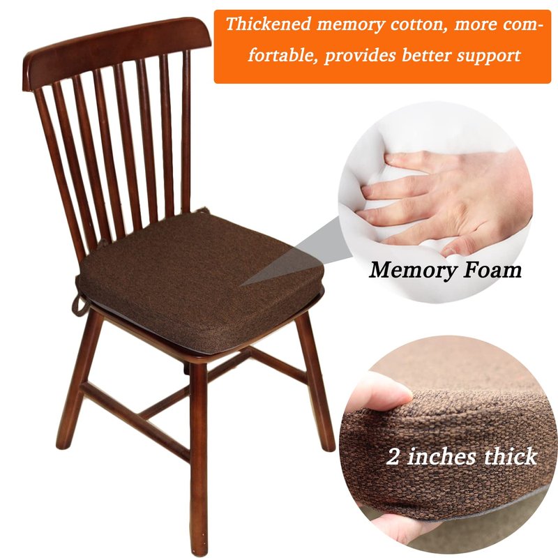 ZYHOONE Chair Cushion with Ties for Kitchen Chair - Thick Memory Foam Indoor Seat pad,Dining Room Cushion with Machine Washable Cover [15 X 15 X 2 Inches] - (Dark Brown,4)