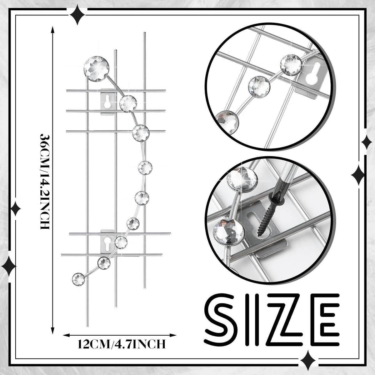 Lingvee 4 Pcs Sliver Metal Rhinestones Wall Decor 3D Silver Jeweled Art Bling Crystal Home Decorative Metal Wall Art for Living Room