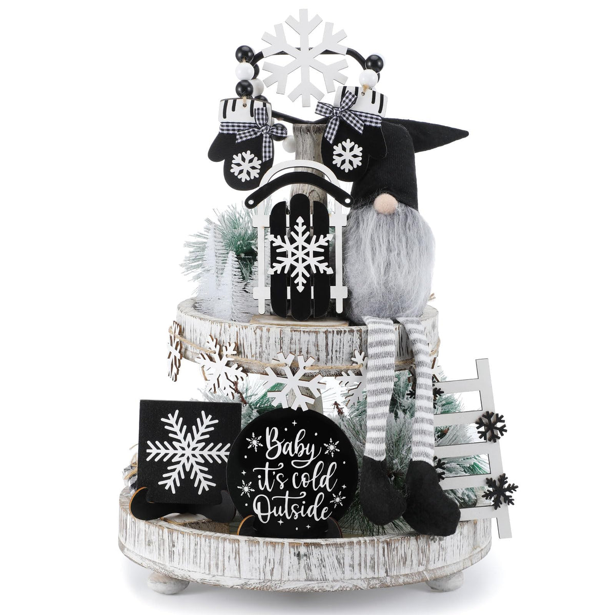 GlikCeil 19 Pcs Winter Tiered Tray Decor Snowflakes Wood Rustic Decoration Tiered Sign Table Centerpieces Without Tray for Tabletop Shelf Winter Xmas Home Party Gifts(Gnome)