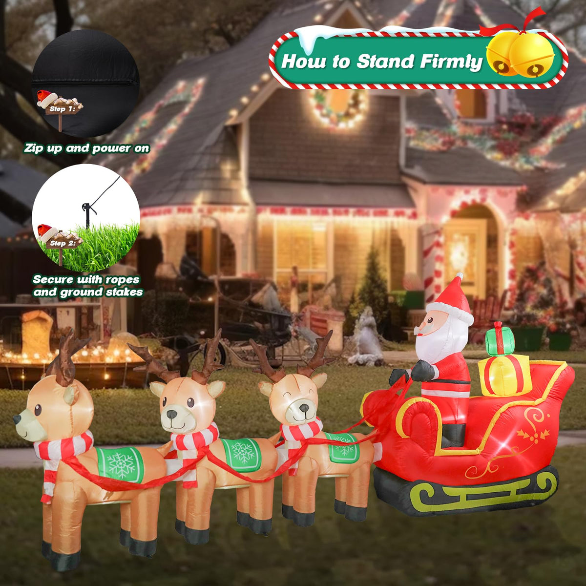 Taman 12 FT Christmas Inflatable Decorations, Santa Claus on Sleigh with Reindeer Propeller Built-in Bright LED Light Blow Up for Yard, Garden,Lawn Outdoor Holiday Yard Decorations