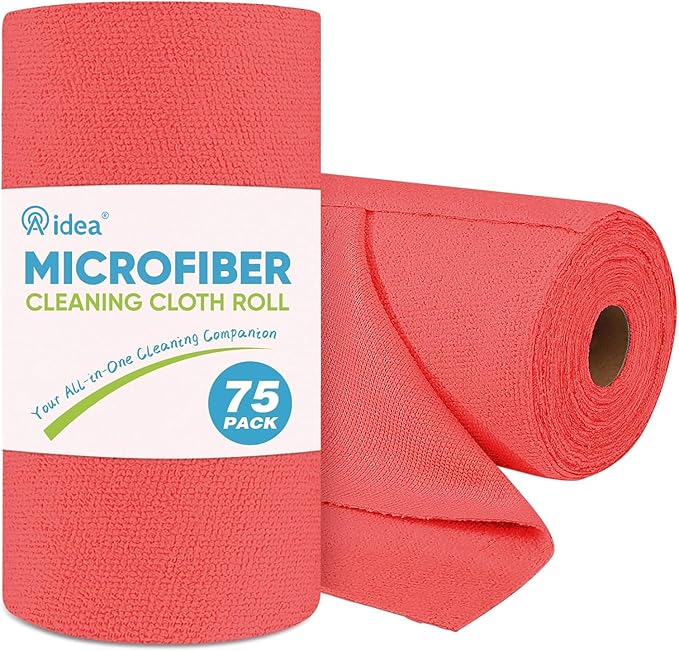 AIDEA Microfiber Cleaning Cloth Roll, 75PK Red, Reusable Paper Towels Tear Away