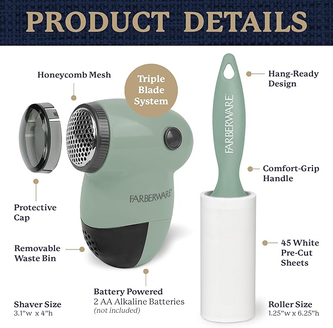Farberware Fabric Shaver & Lint Remover Set–Battery Operated Sweater Shaver