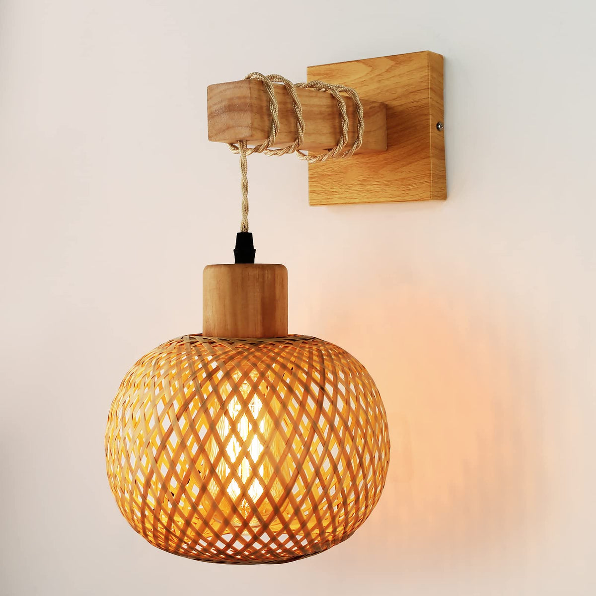 Frideko Bamboo Wall Sconce Lighting - Rattan Wall Lamps for Bedroom, Farmhouse Wall Light with Bamboo Lampshade, Rustic Boho Sconces Light Fixture for Living Room, 1 Pack