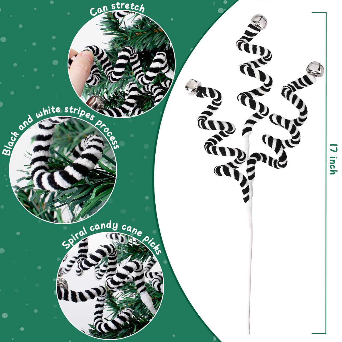 RINOLY 6 Pcs Christmas Tree Topper,17 in Black and White Candy Cane Christmas Decorations,Woolen Bells Curly Christmas Tree Picks Xmas Ornaments for Tree Decors Vase Filler Garland