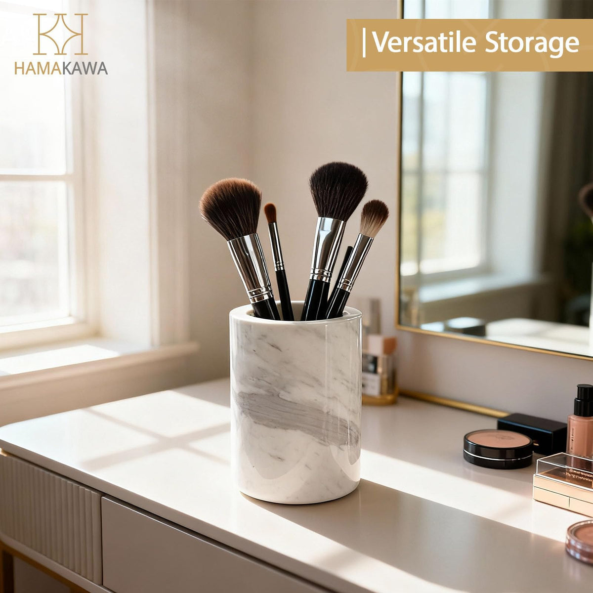 HAMAKAWA Natural Marble Toothbrush Holder, Volakas White Toothbrush Tube for Bathroom, Makeup Shelf, Counter, Bedroom and Dresser