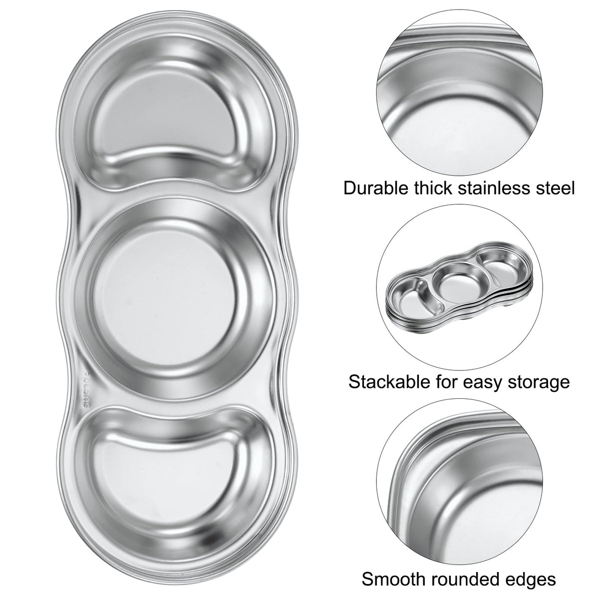 uxcell 6 Pack Stainless Steel Dish Dipping Bowls with 3 Round Compartment Divided, Metal Seasoning Plate Dipping Bowl for Condiment Home Party Restaurant Picnic Travel, Silver