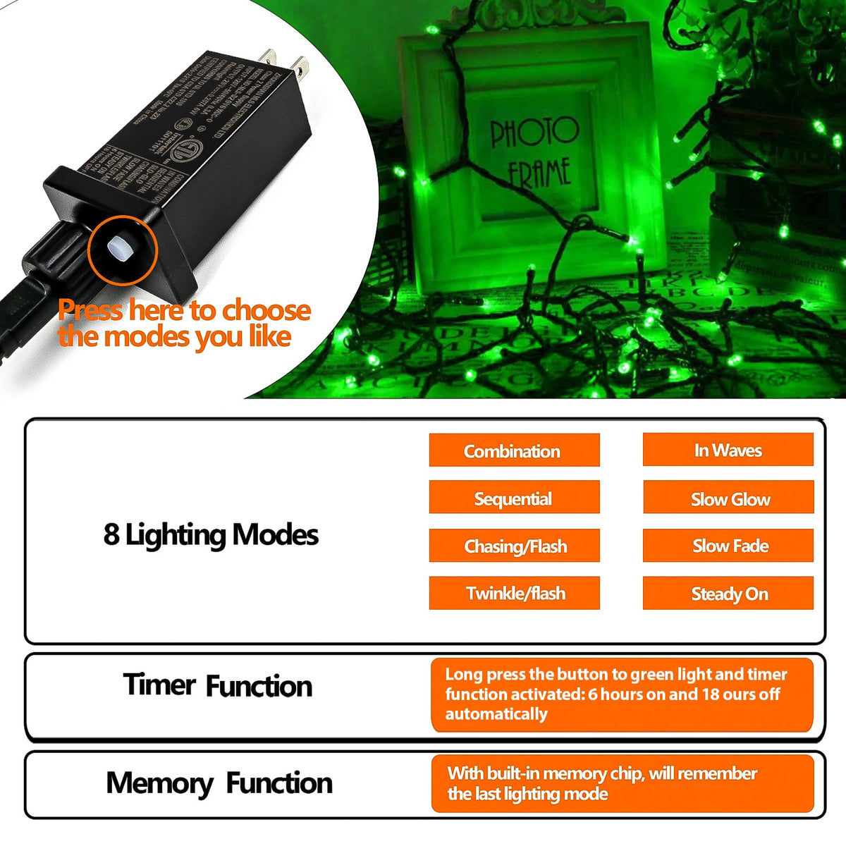 75.8 FT 200 LED Green Christmas String Lights Outdoor & Indoor, Memory Function & Timer & 8 Modes, Extendable Ultra Bright Green Wire Waterproof Mini Lights for Christmas Tree Yard Holiday Party Decor