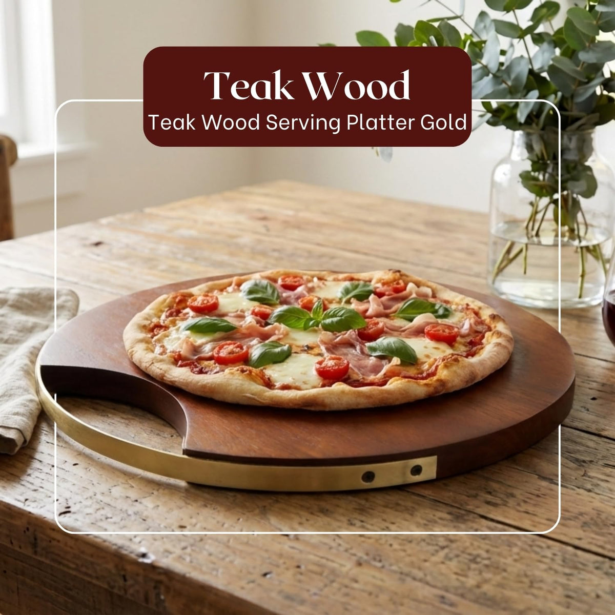 nestroots Round Wood Tray, Teak Wooden Serving Tray with Handle, 14" Serving Platter, Appetizer Charcuterie Board, Organizer Tray for Kitchen/Countertop