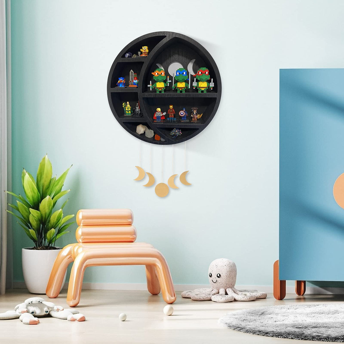 Ella & Emma Wooden Moon Shelf for Crystals - Crescent Moon Crystal Shelf, Storage & Wall Hanging Shelves for Bedroom Aesthetic, Moon Phase Wall Decor & Crystal Display Shelf, Pinewood, Black