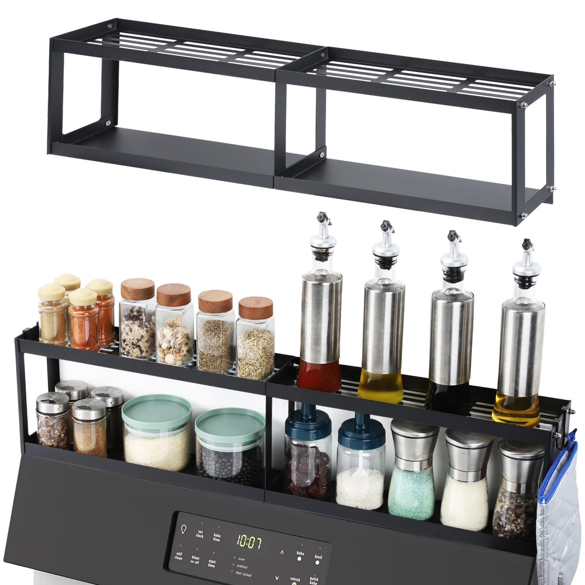OTraki 2 Tier Strong Magnetic Oven Shelf 30 Inch Length Spice Rack Over The Stove Shelf with 2 Anti-Slip Mats Seasoning & 4 Hooks Kitchen Spice Storage Organizer Black